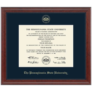 diploma frame #131, gold embossed seal The Pennsylvania State University, navy mat, Signature molding cherry finish
